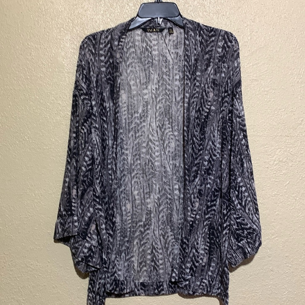 Iman Open Cardigan XL Stretchy Chevron Knit Black White Gray 3/4 Wide Sleeve